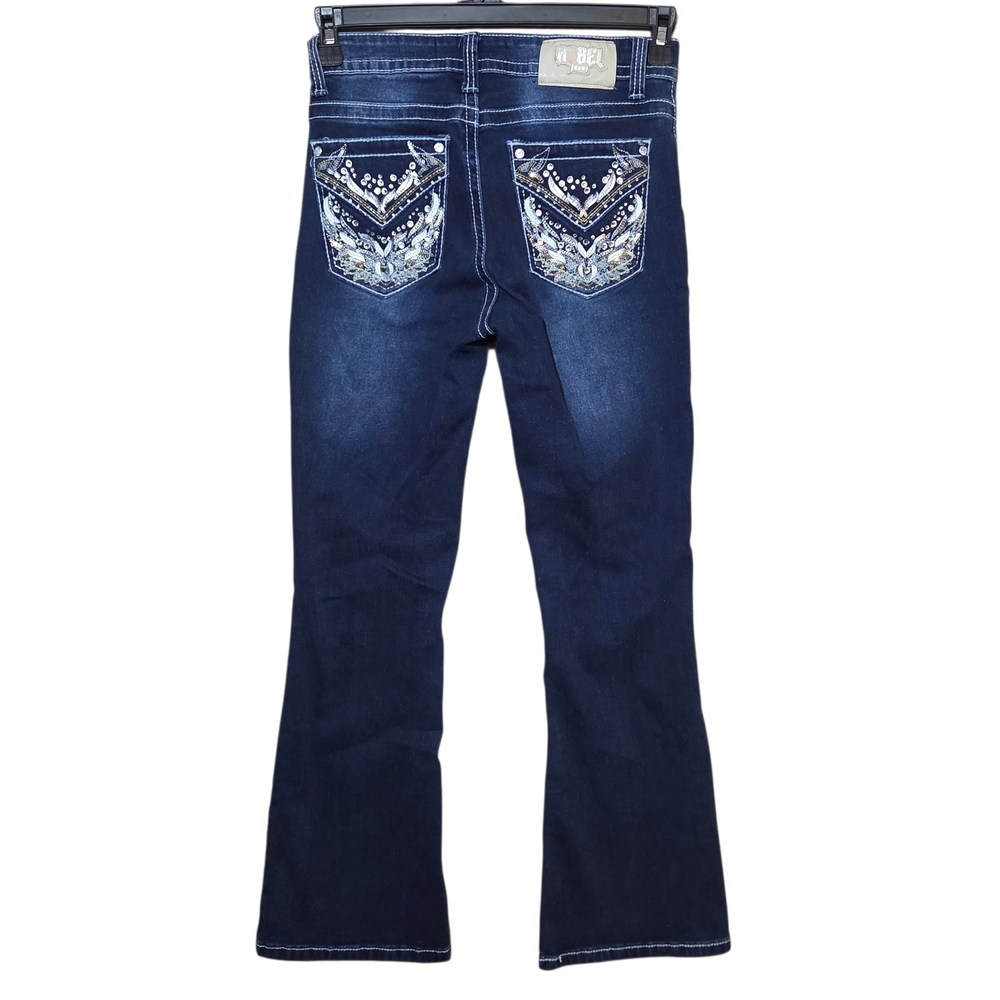 Rebel Jeans Women's Blue Boot Cut Embroidered Jeweled Bling Back Pockets Stretch